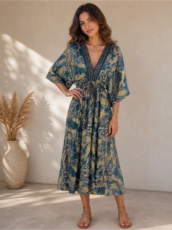White Woven Dresses & Skirts - Boho Paisley V-Neck Midi Dress in Teal and Mustard
